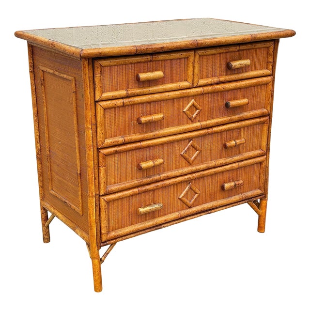 1900-1909 Aesthetic Movement Tortoise Bamboo & Grassmat 5 Drawer Tallboy Dresser For Sale