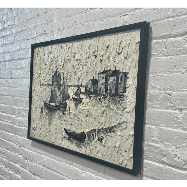 Mid Century Modern Harbor Scene Pallet Knife Artwork featuring sailboats, waterfront buildings and reflections rendered in...