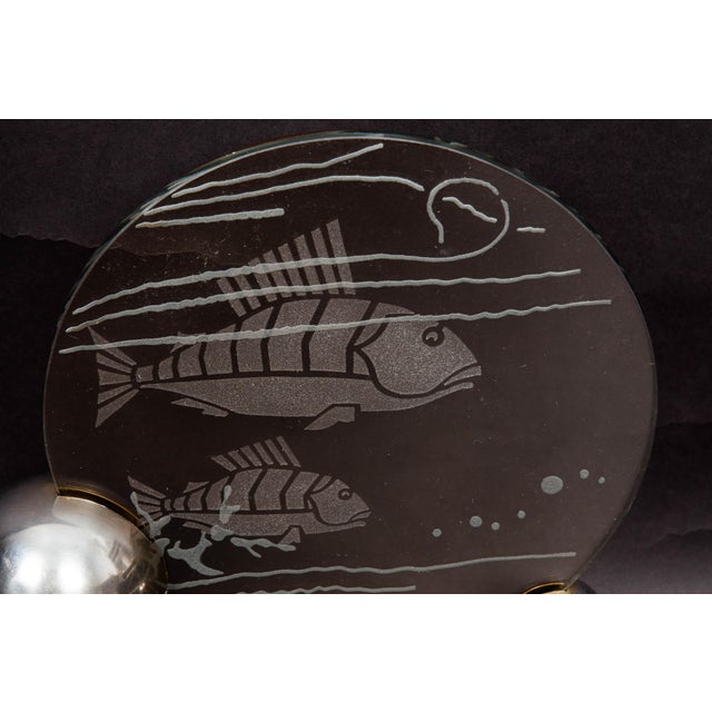 Metal 1930s French Art Deco Chrome and Etched Glass "Fish" Lumiere Table Light For Sale - Image 7 of 15