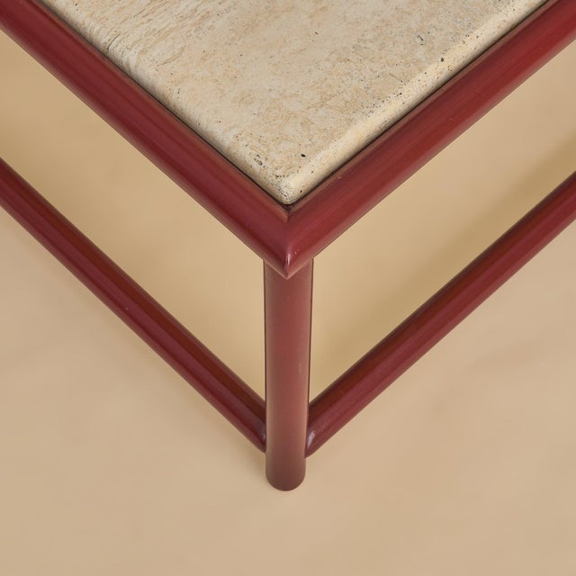 Italian Red Lacquered Wood + Travertine Coffee Table, 1970s For Sale - Image 11 of 12