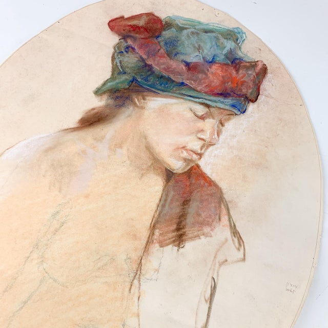 Vintage Portrait in Pastel Woman in Headdress Painting French Look Judy Horowitz For Sale In Baltimore - Image 6 of 10