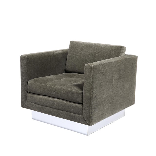 Mid-Century Modern Pair of Mid-Century Biscuit Tufted Cube Chairs W/ Chrome Wrapped Base in Mohair For Sale - Image 3 of 10