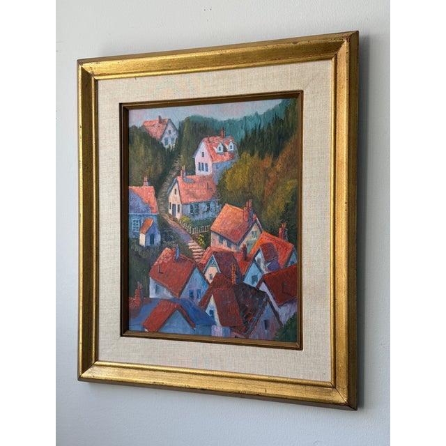 Orange Sunlit Hillside Town With Orange Roofs, Vintage Oil on Board, Framed For Sale - Image 8 of 12