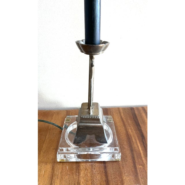 Metal Empire-Style Bronze Tall Table Lamp With Heron Bird and Glass Base For Sale - Image 7 of 10