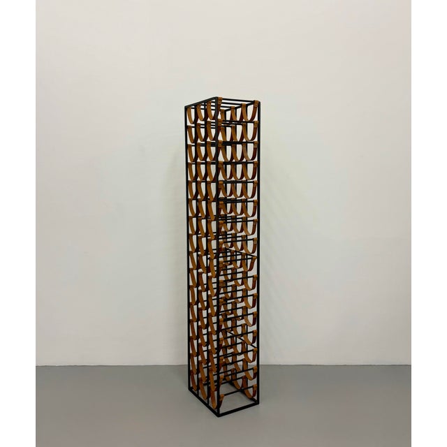 Industrial Vintage Metal & Leather Floor Wine Rack in the Style of Arthur Umanoff For Sale - Image 3 of 6