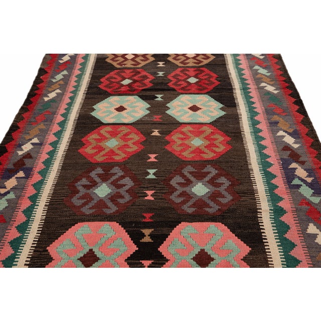 Brown Vintage Kilim Handmade Flatweave Multicolor Geometric Wool Runner 5' 2'' X 12' 7'' For Sale - Image 8 of 11