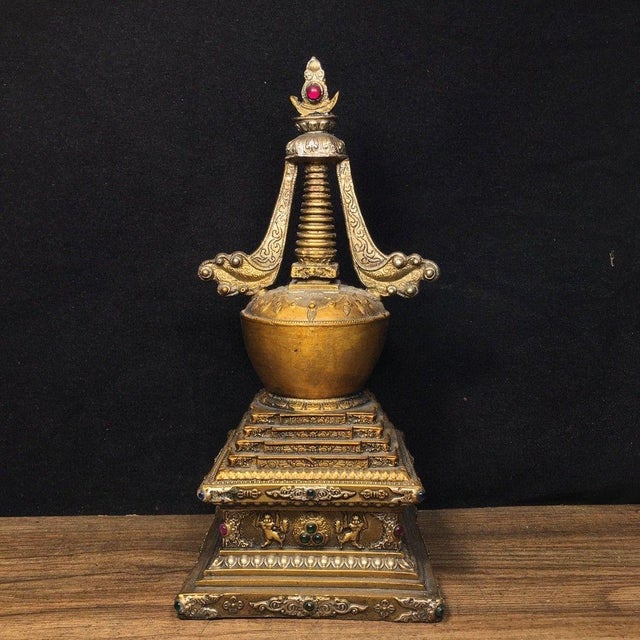 Traditional Vintage Tibetan Gilt Bronze Stupa - Buddhist Reliquary Pagoda With Gemstone Inlay For Sale - Image 3 of 9