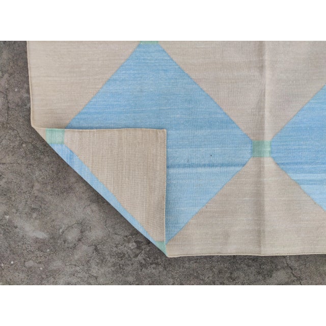 Casa Cosima Handmade Cotton Area Rug Natural Vegetable Dyed Reversible Beige Blue Tile Pattern Rug - 10'x14' For Sale - Image 4 of 11