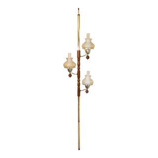 Mid-Century Brass and Walnut Three-Way Hurricane Glass Tension Pole Lamp For Sale