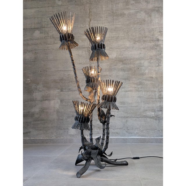 1970s Brutalist Thistle-Shaped 5-Light Floor Lamp in Black Wrought Iron, 1970s For Sale - Image 5 of 16