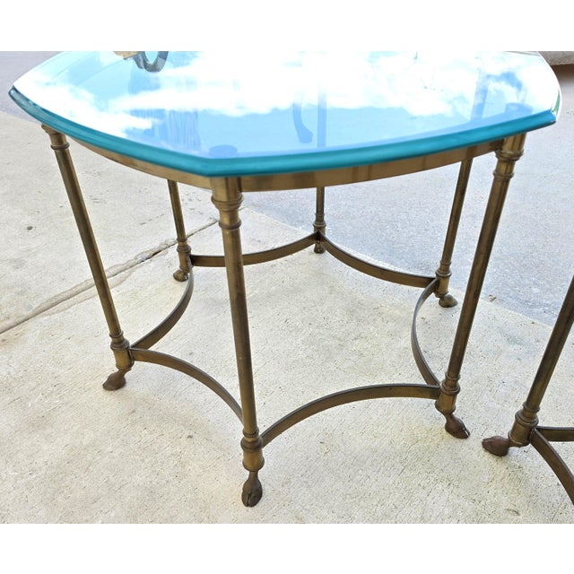 Metal Vintage Labarge Side Tables Brass Glass Hoof Footed Octagonal Pair For Sale - Image 7 of 17