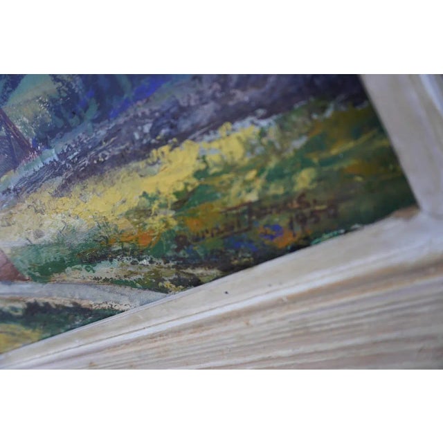 Blue Janós Bernát Industrial California Landscape, Los Angeles Oil Wells 1950 Oil on Board Painting, Framed For Sale - Image 8 of 10