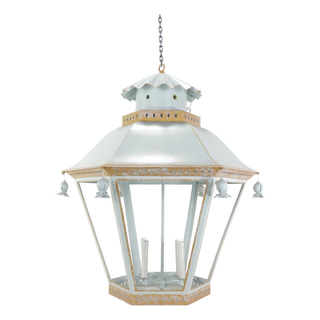 Vintage French Chinoiserie Three-Tier Pagoda-Shaped Metal Chandelier, White, Light Blue, and Gold For Sale