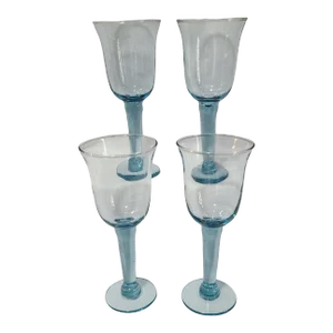 Vintage Set of 4 Hand Blown Art Glass Wine Goblets Sky Blue Glasses #S2