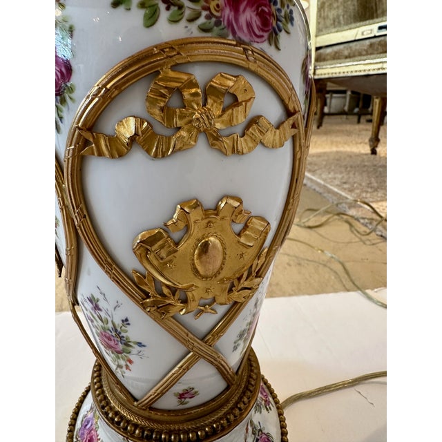 French Vintage Porcelain Painted Table Lamps With Brass Overlays -A Pair For Sale - Image 3 of 12