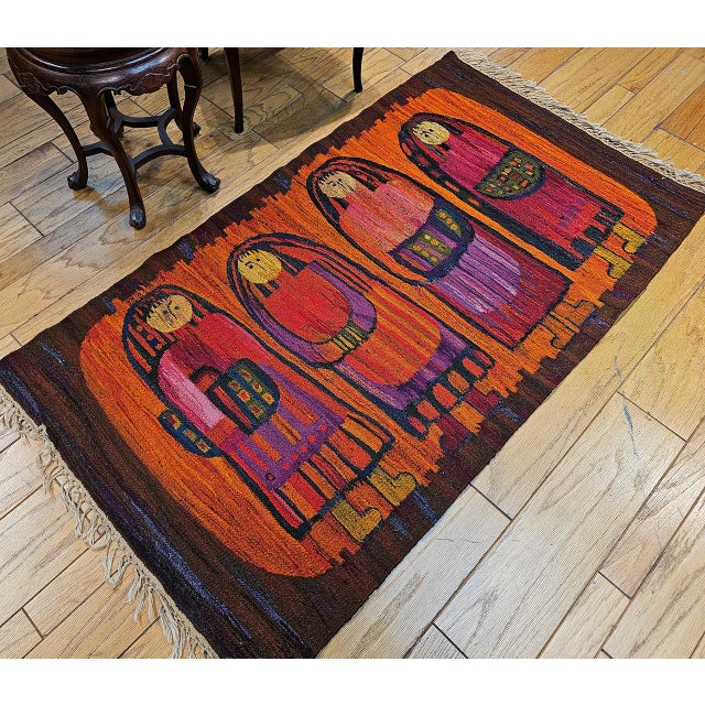Vintage Mid-Century Tapestry, Handwoven Wool, Folkloric Schoolgirls Design, Crimson & Yellow, 38” X 70” For Sale - Image 11 of 11