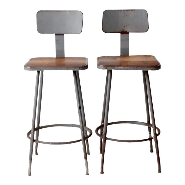 Mid Century Industrial Stools Pair For Sale