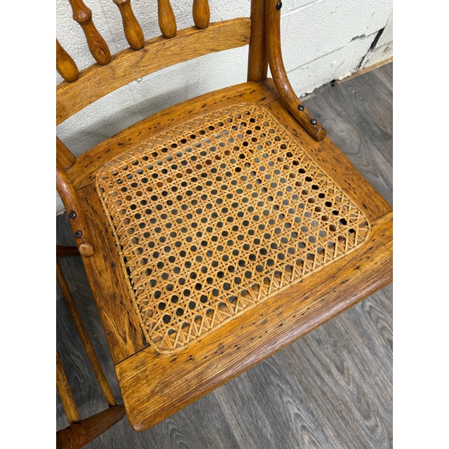 Vintage Spindle Back Caned Seat Solid Oak Dining Chairs For Sale In Kansas City - Image 6 of 12