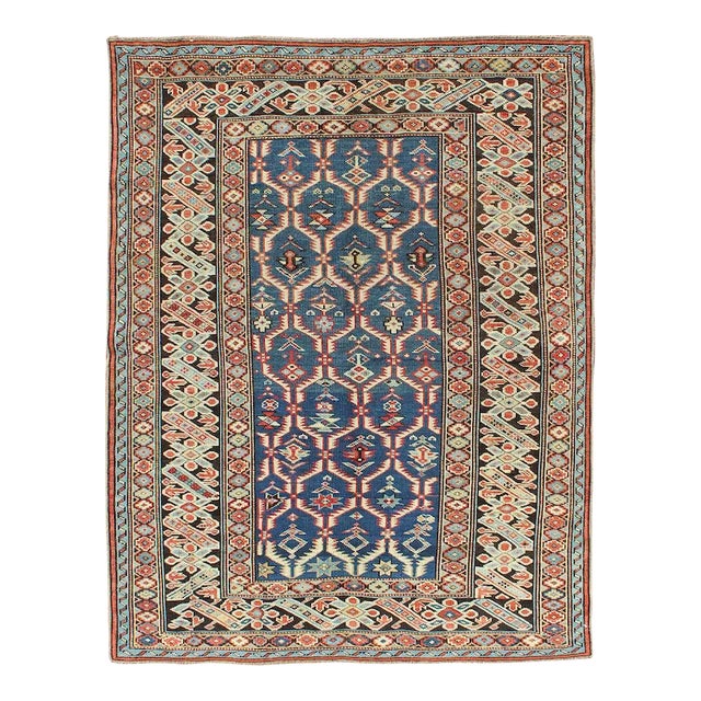 Amazing Antique Caucasian Chi Chi in Medium Blue Background and Brown Border 3'6"x4'7" For Sale