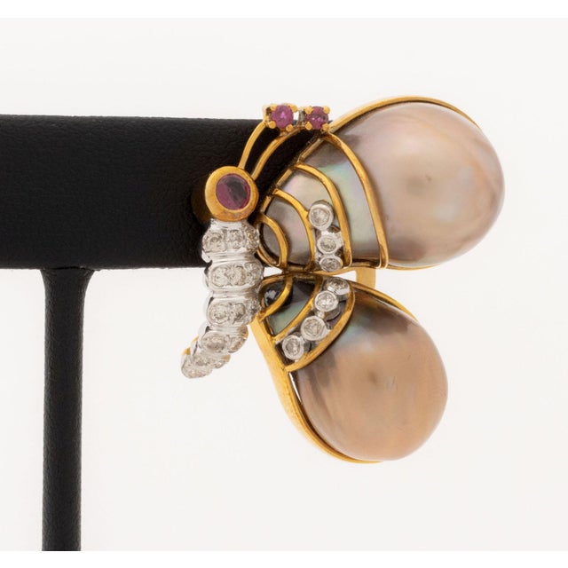Contemporary 18k Rose Gold Diamond, Ruby, and Pearl Butterfly-Form Earrings For Sale - Image 3 of 9