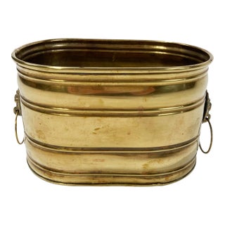 Vintage Oval Brass Lion Handled Planter For Sale
