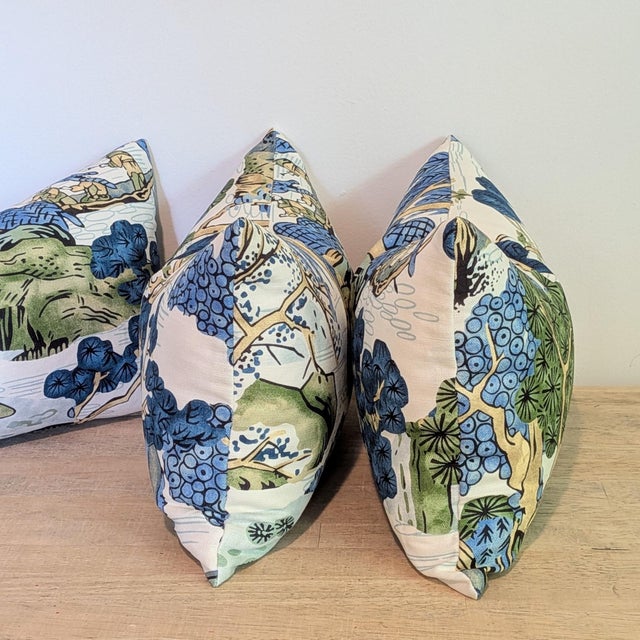 Asian Custom - Thibaut Asian Scenic Blue & Green Lumbar Pillows For Sale - Image 3 of 7