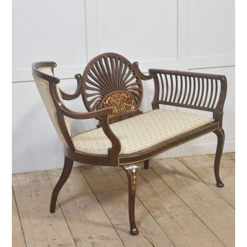 Mahogany Settee with Fan Back and Floral Marquetry, 1890s For Sale - Image 6 of 10