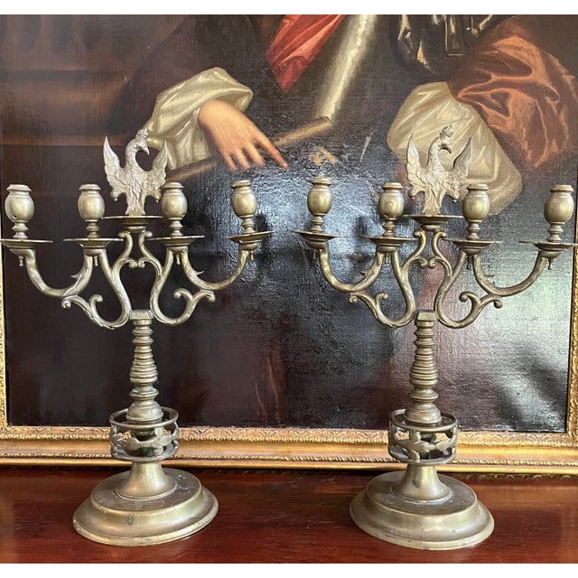 Antique Brass Candelabra Sabbath Judaica Europe 4 Light With Eagle Holding Swords - a Pair For Sale - Image 9 of 9