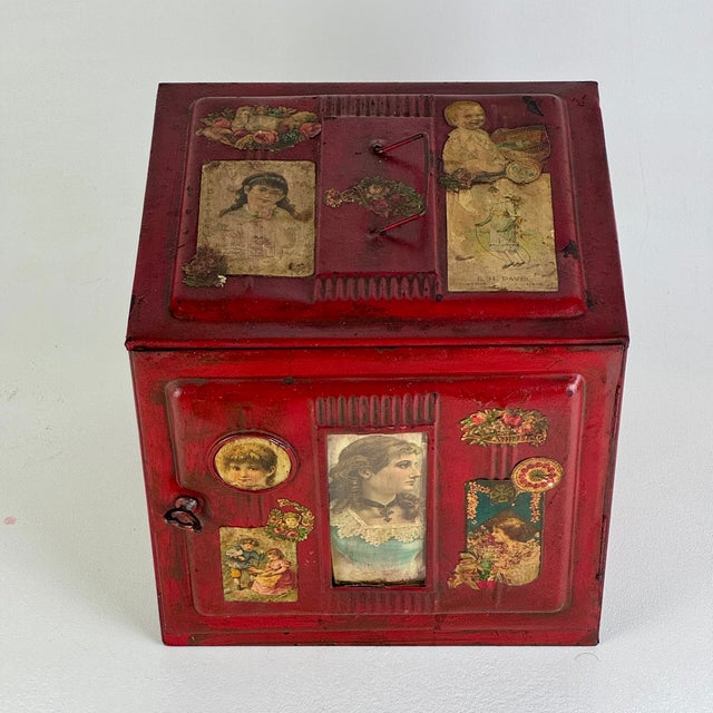 Rare Late 19th Century Red Metal Pie/Bread Safe Box With Decoupage Victorian Finish For Sale - Image 4 of 12