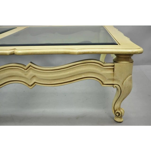 Vintage French Provincial Style Beveled Glass Cream Painted Large Coffee Table For Sale - Image 11 of 12