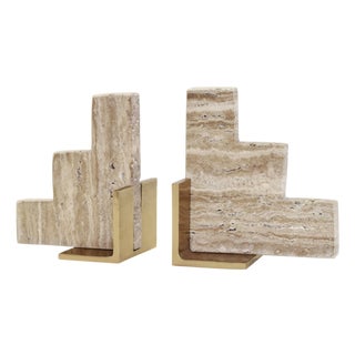 Matthew Izzo Home Steps Natural Travertine and Brass Stair Bookends - Pair For Sale