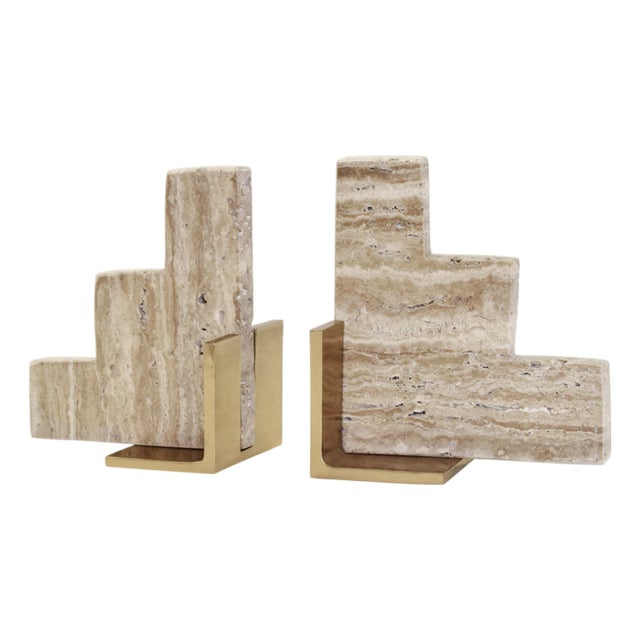 Matthew Izzo Home Steps Natural Travertine and Brass Stair Bookends - Pair For Sale