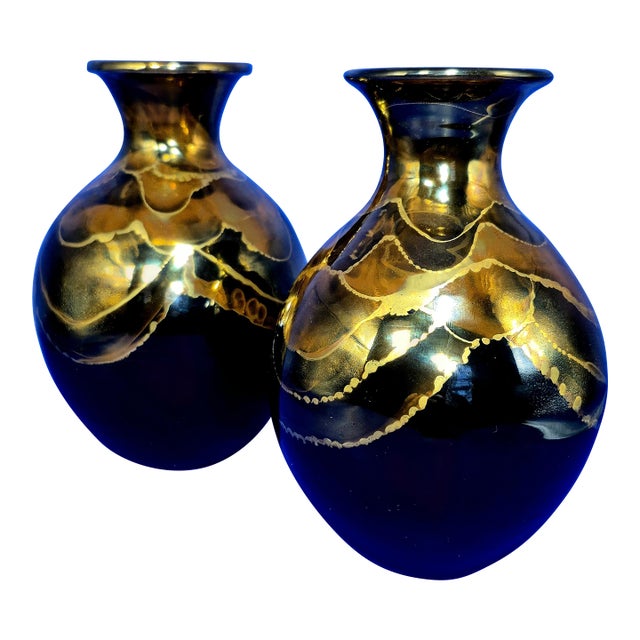 Pair of Bruce Fairman Signed Studio Art Pottery Black & Gold Luster Gooseneck Vases - 2 For Sale