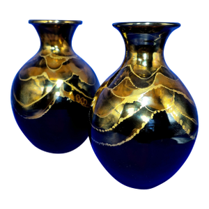 Pair of Bruce Fairman Signed Studio Art Pottery Black & Gold Luster Gooseneck Vases - 2