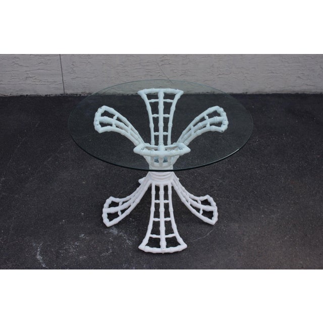 Hollywood Regency Cast Aluminum Faux Bamboo Round Glass Top Patio Table For Sale - Image 14 of 18