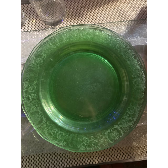Vintage (8) Fostoria Versailles Green Glass Salad Plate 7-1/2" 1928 - 1943 Beautiful intricately etched desert set by...