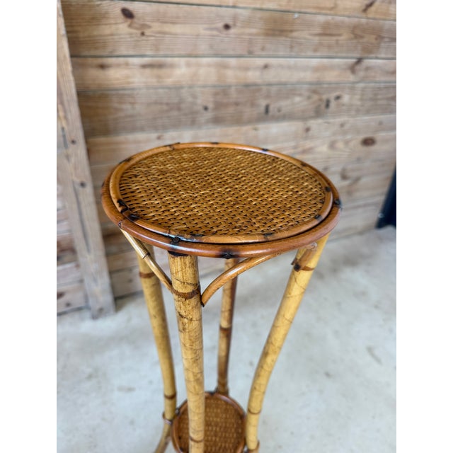 Mid 20th Century Vintage Pair of Faux Bamboo and Woven Rattan Plant Stands For Sale - Image 5 of 12