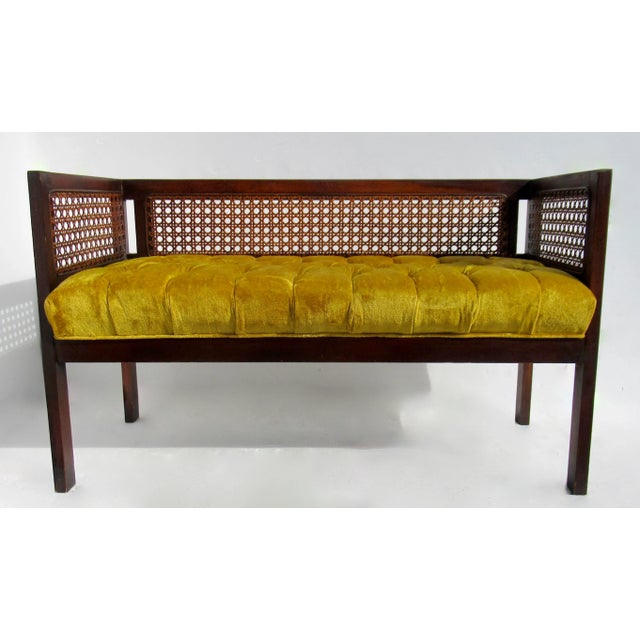 Vintage; Mid-Century, C.1960's-70's, Wood Caned Bench with surround cane back details, original upholstery is a vibrant...