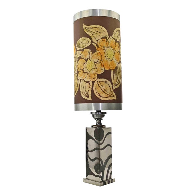Mid-Century Table Lamp with Hand-Painted Cylindrical Shade, Italy, 1970s For Sale