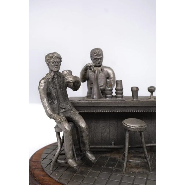 Very rare large Pewter bar scene. Signed Tin Etain Zinn Pewter, several figures and furniture in a bar. Standing on a oak...