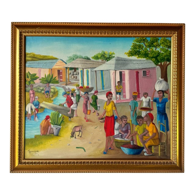 Vintage Haitian Oil on Canvas Painting by Louines Mentor For Sale