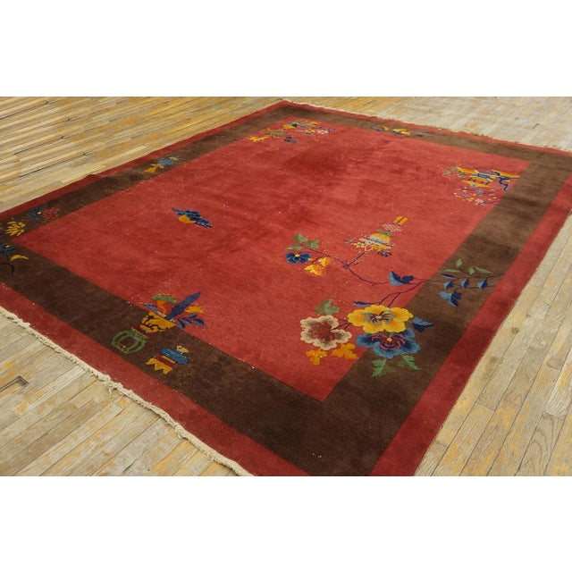 1920s Chinese Art Deco Carpet ( 8' x 9'9" - 245 x 298 ) Antique Wool Brown Earth Tone Red / Rust Hand Knotted Pile Rug,...
