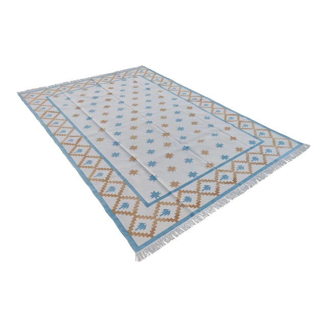 Handmade Cotton Vegetable Dyed White, Sky Blue and Tan Star and Gingham Rug - 9'x12' For Sale