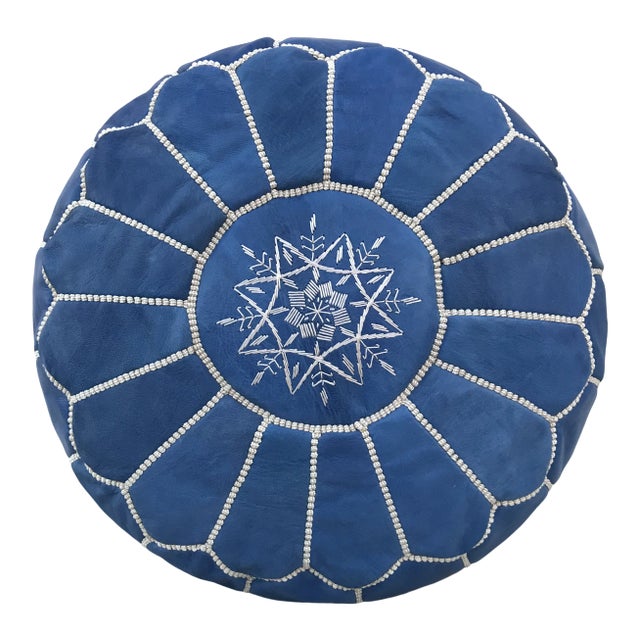 Blue Moroccan Leather Pouf Cover For Sale