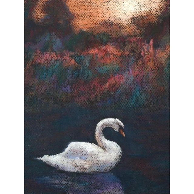 Atmospheric original oil pastel landscape signed Calliopy Issackides, depicting a solitary white swan gliding across a...