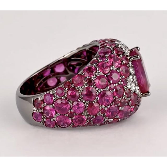 2000 - 2009 11 Carat Oval Cut Burma Pink Ruby & Diamond Cluster Dome Ring, Size 7 For Sale - Image 5 of 7