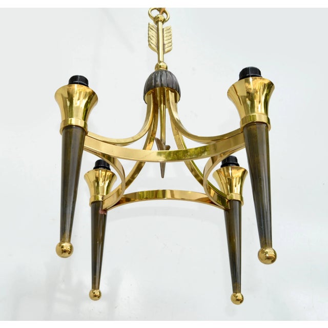 Metal Art Deco Andre Arbus Style Brass Bronze & Gunmetal Finish 4 Light Chandelier, 2 Available For Sale - Image 7 of 13