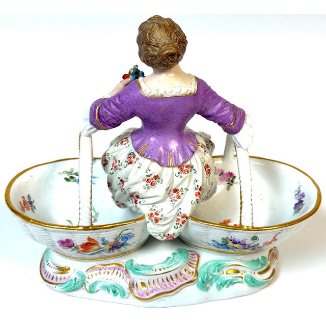 Meissen Rococo Figural Sweetmeat Dish Seated Maiden with Twin Floral Baskets For Sale - Image 11 of 13