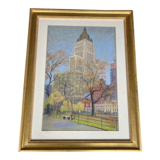 Circa 1950 Framed New York City Raidaitor Bldg. Skyline Cityscape Pastel Signed Bishop For Sale