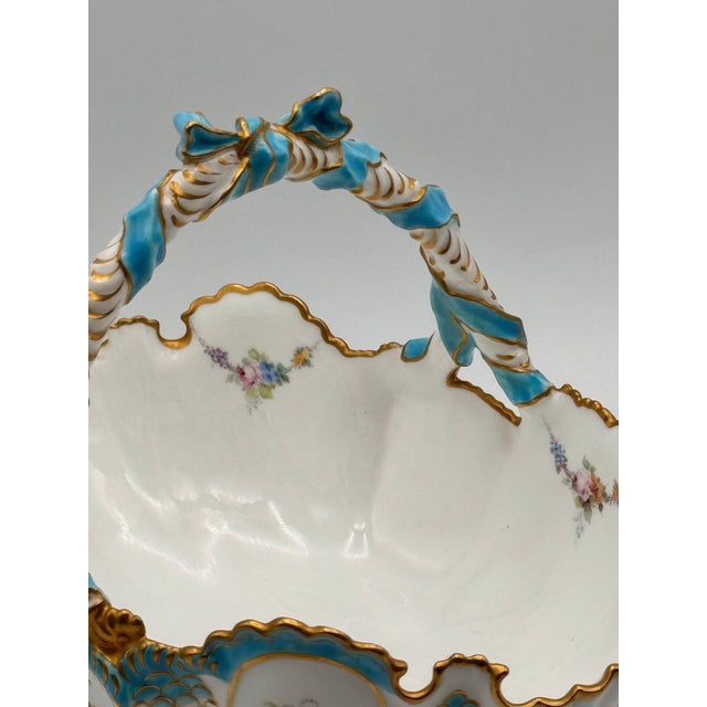Victorian 1950s Rare Royal Crown Derby Porcelain Basket Bows Flowers Gilded Edges Turquoise Exquisite Serving Piece For Sale - Image 3 of 9